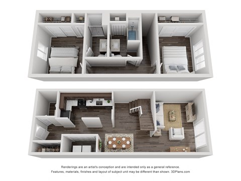 a stylized image of a 3d floor plan and an artistic rendering of a